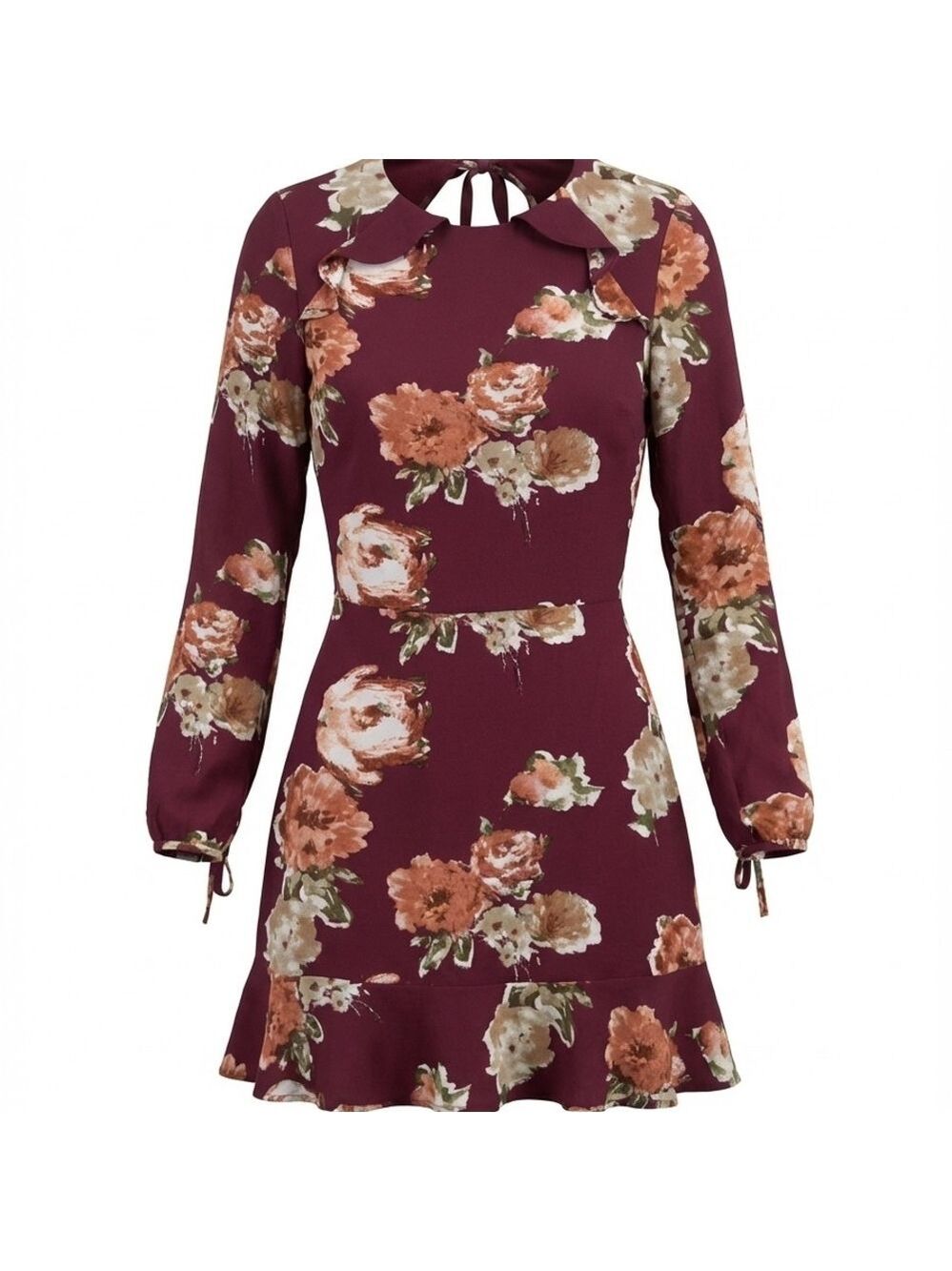 Elegant Floral Cottagecore Keyhole Back Girly Flowy Midi Dress in Burgundy Small